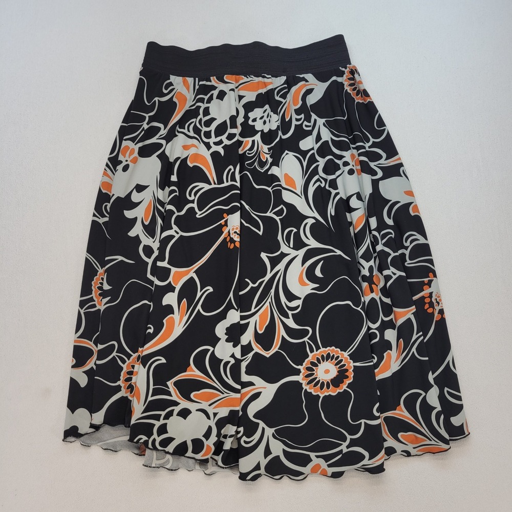 Sweet Salt A-Line Skirt Womens Medium Black Orange Floral Lettuce Hem Midi